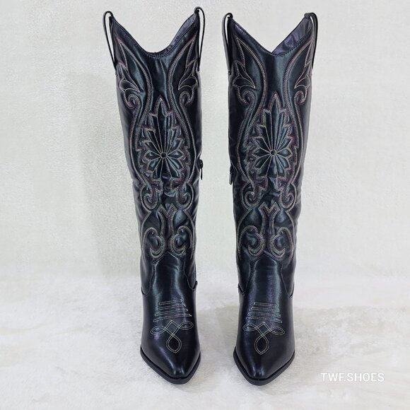 Elegant Black Embroidered Heeled Boots - Picture 5 of 7
